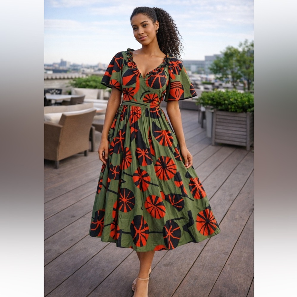 Green red MAUDE VIVANTE print boho belted ruffle maxi $189 S party summer nwot